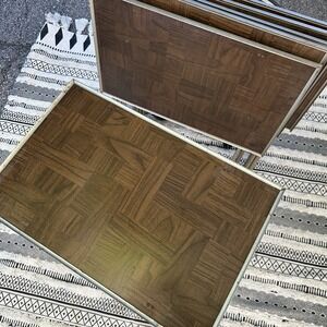 Mid Century Vintage TV Tray Table with Faux Wood Grain Gold Metal Legs Set Of 6
